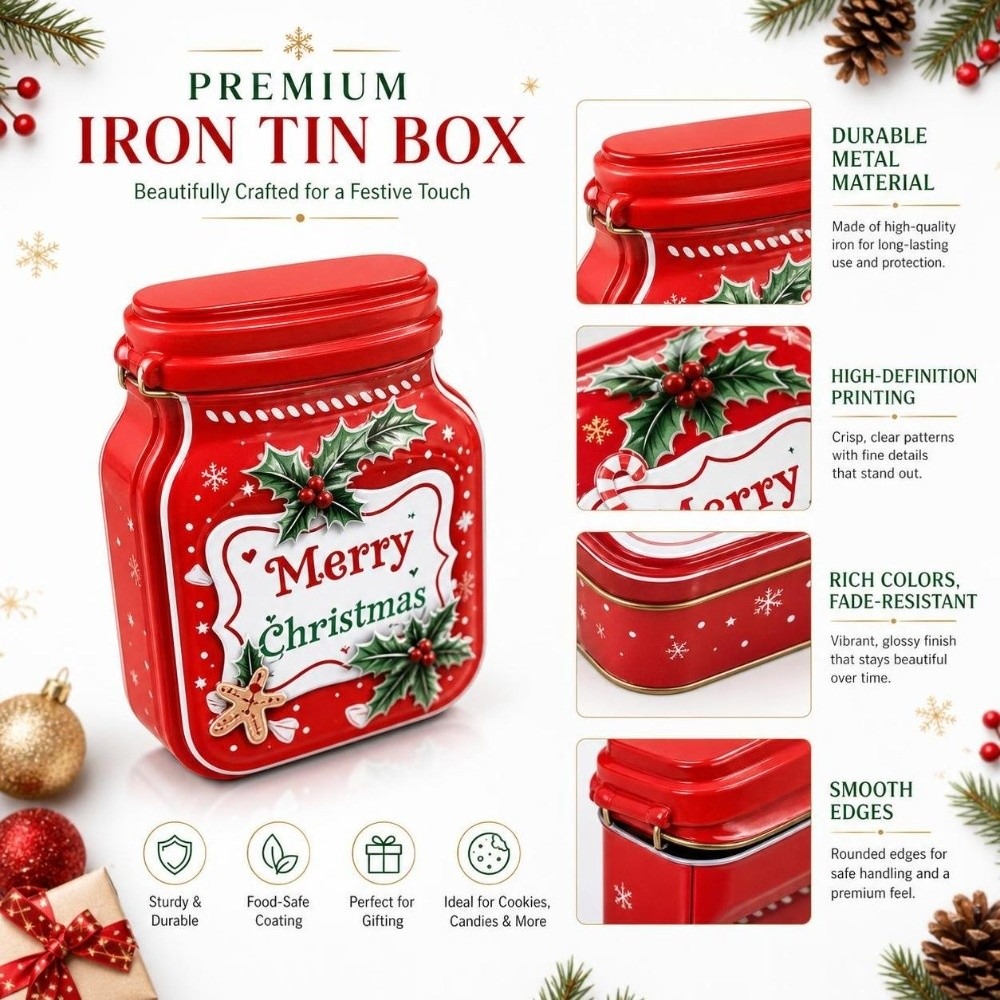 Tin Container Lid - Tragbare Metall-Weihnachtsdose mit Deckel, Weihnachts-Keksdose, Süßigkeitenbox,